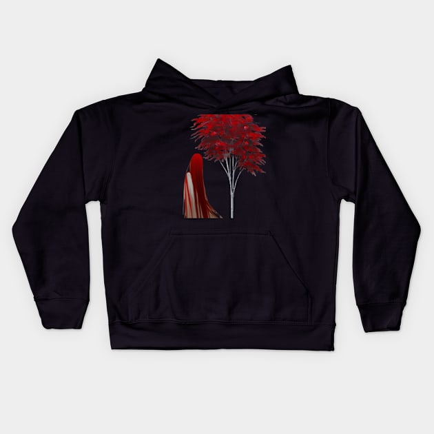 A Girl Amongst the Red Leaf Trees Kids Hoodie by katerina-ez